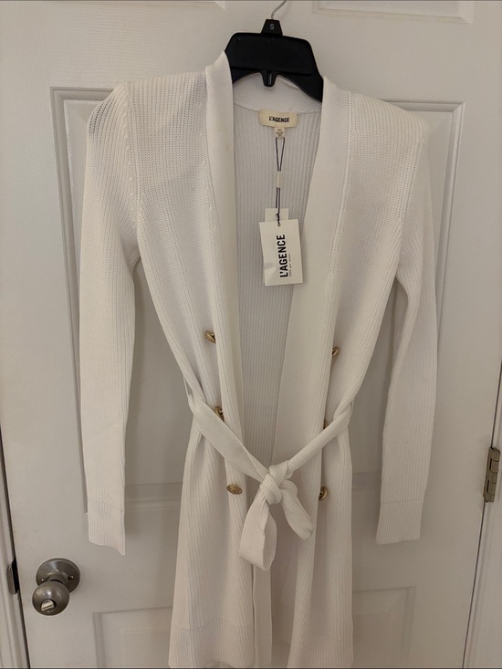 L'AGENCE Sweaters - L'AGENCE Cream Knit Belted Cardigan with Gold Buttons